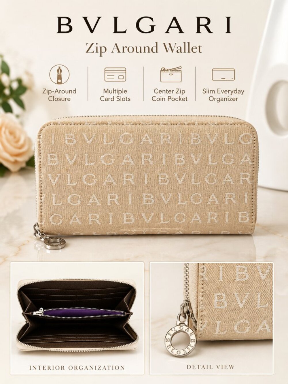 BVLGARI Beige Logo Jacquard Zip Around Wallet Card Organizer